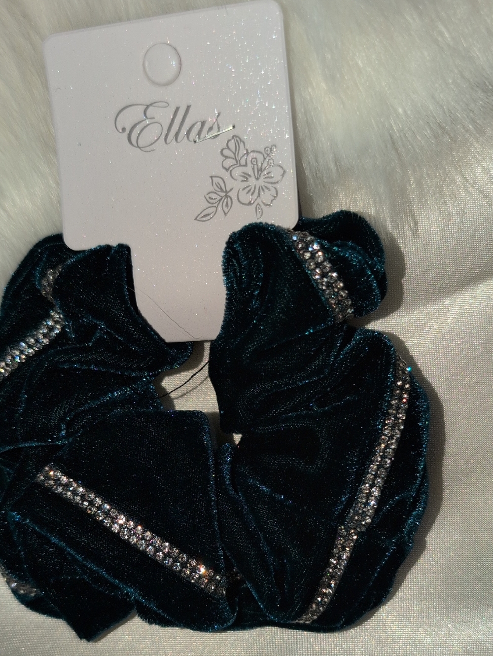 Ellas Velvet Rhinestone Scrunchie - Deep Teal